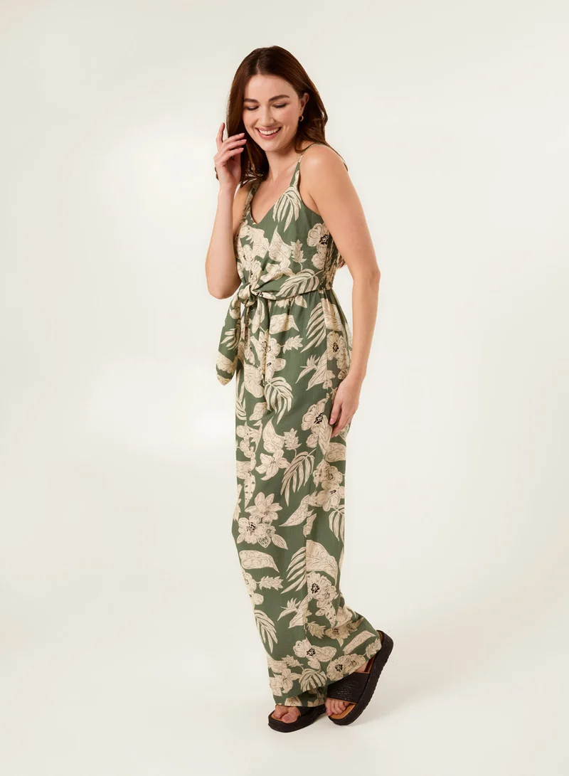 Blue Vanilla  Tropical Print Tie Front Jumpsuit for Women | Best Price UAE